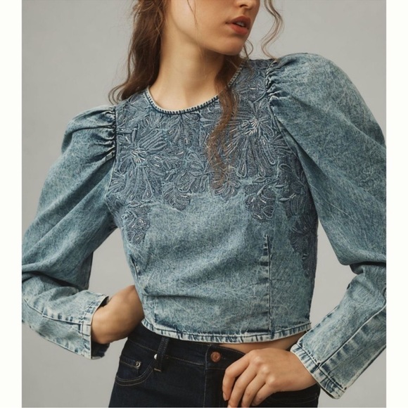 Pilcro Tops - Pilcro Blue Embroidered Puff-Sleeve Denim Crop Top